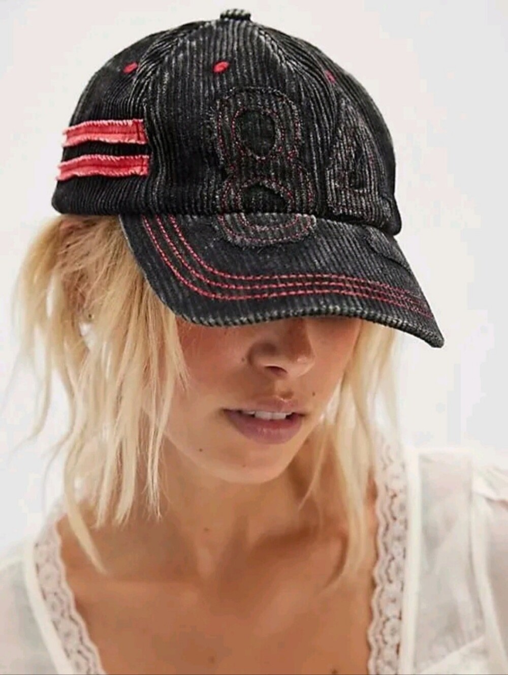 FREE PEOPLE Black Corduroy Baseball Cap with Red Accents Cotton